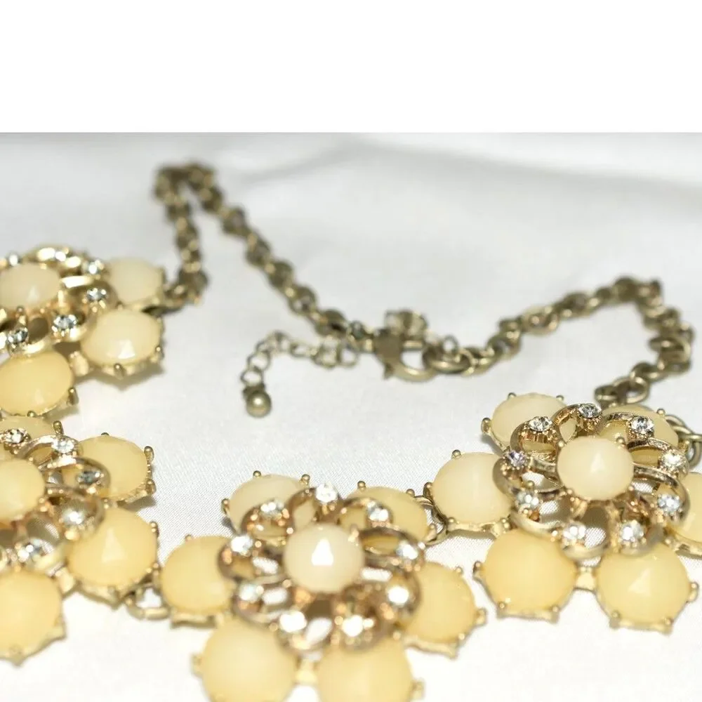Distinctive Cream/Ivory Floral Design Rhinestone Accents Gold Tone 16
